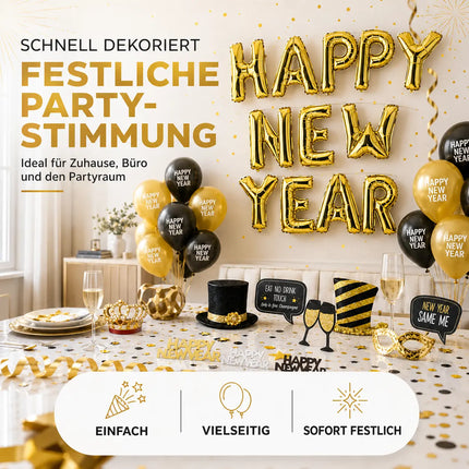 Silvester Deko XXL Set - 2026 - mit über 50 Teilen wie XXL Happy new year Ballon, Luftschlangen, Konfetti uvm