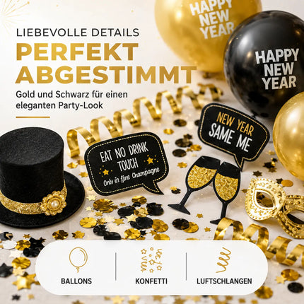 Silvester Deko XXL Set - 2026 - mit über 50 Teilen wie XXL Happy new year Ballon, Luftschlangen, Konfetti uvm