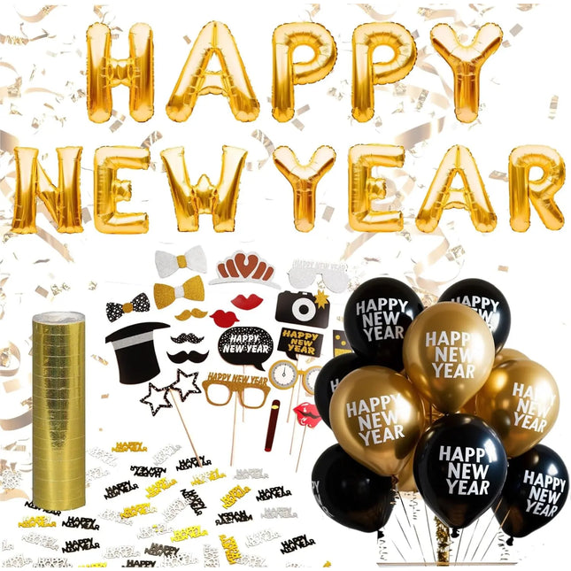 Silvester Dekoration Set - 2025 - Neujahrsdeko mit Ballon, Luftschlangen, Konfetti uvm - Happy New Year - Deko zu Neujahr New Year Decoration