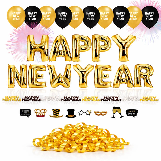 Silvester Dekoration Set - 2026 - Neujahrsdeko mit Ballon, Luftschlangen, Konfetti uvm - Happy New Year - Deko zu Neujahr New Year Decoration