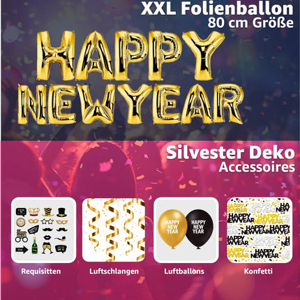 Silvester Dekoration Set - 2026 - Neujahrsdeko mit Ballon, Luftschlangen, Konfetti uvm - Happy New Year - Deko zu Neujahr New Year Decoration