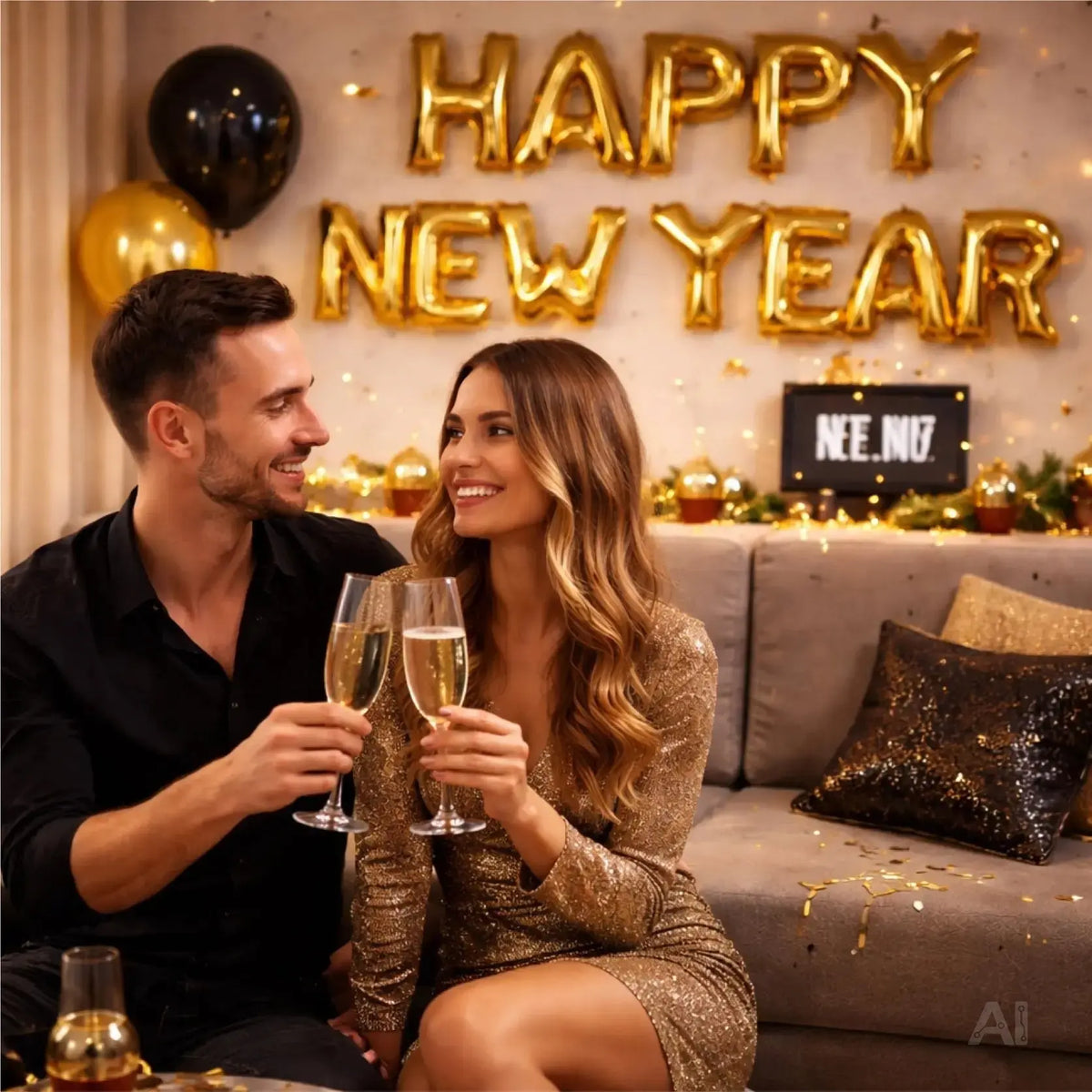 Silvester Dekoration Set - 2026 - Neujahrsdeko mit Ballon, Luftschlangen, Konfetti uvm - Happy – Detailansicht 2