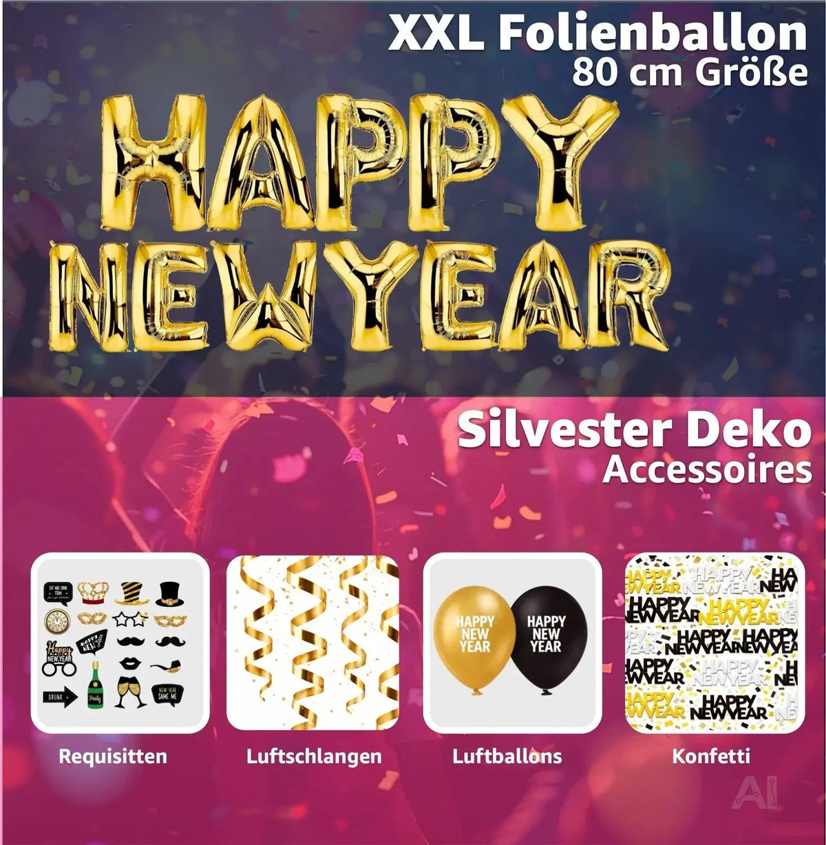 Silvester Dekoration Set - 2026 - Neujahrsdeko mit Ballon, Luftschlangen, Konfetti uvm - Happy – Detailansicht 3