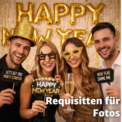 Silvester Dekoration Set - 2026 - Neujahrsdeko mit Ballon, Luftschlangen, Konfetti uvm - Happy New Year - Deko zu Neujahr New Year Decoration