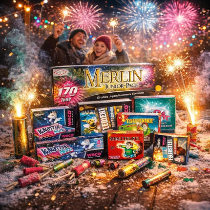Silvester-Feuerwerk 2026 – vielseitiges Set für Neujahrsfeiern mit Wunderkerzen, Knallerbsen und festlicher Stimmung (Merlin)