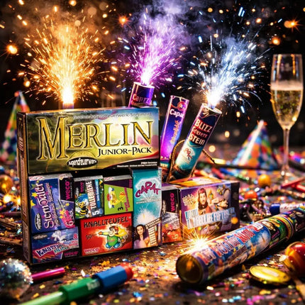Silvester-Feuerwerk 2026 – vielseitiges Set für Neujahrsfeiern mit Wunderkerzen, Knallerbsen und festlicher Stimmung (Merlin)