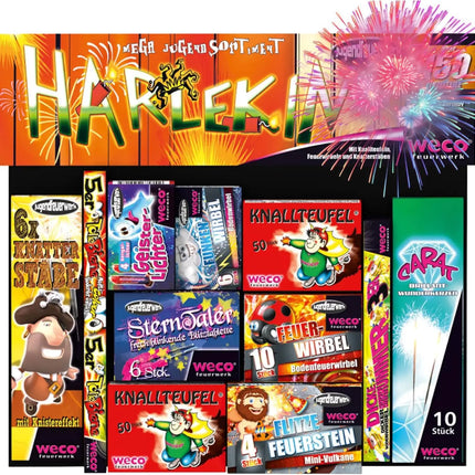 Silvester-Feuerwerk Set für Neujahrsfeiern – inkl. Wunderkerzen, Knallerbsen und Partyartikeln - Set mit 150 Teilen (Harlekin)