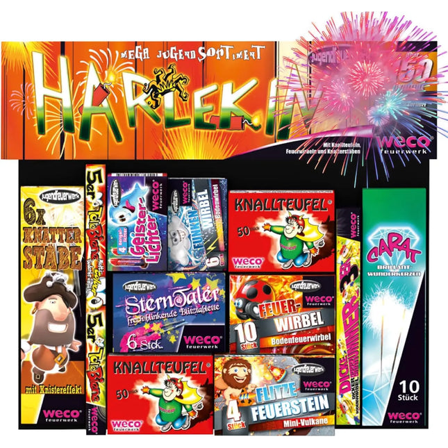 Silvester-Feuerwerk Set für Neujahrsfeiern – inkl. Wunderkerzen, Knallerbsen und Partyartikeln - Set mit 150 Teilen (Harlekin)