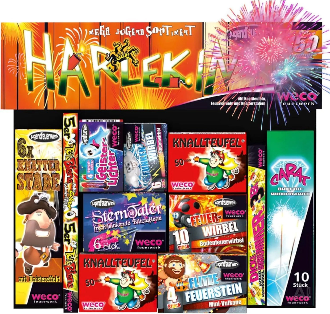Silvester-Feuerwerk Set für Neujahrsfeiern – inkl. Wunderkerzen, Knallerbsen und Partyartikeln - Set mit 150 Teilen (Harlekin)