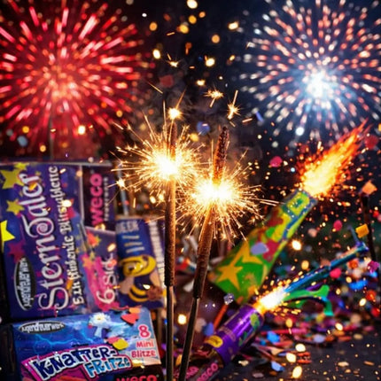 Silvester-Feuerwerk Set für Neujahrsfeiern – inkl. Wunderkerzen, Knallerbsen und Partyartikeln - Set mit 150 Teilen (Harlekin)
