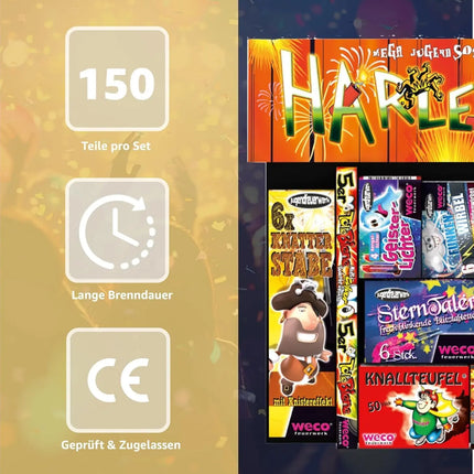 Silvester-Feuerwerk Set für Neujahrsfeiern – inkl. Wunderkerzen, Knallerbsen und Partyartikeln - Set mit 150 Teilen (Harlekin)
