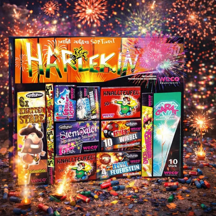 Silvester-Feuerwerk Set für Neujahrsfeiern – inkl. Wunderkerzen, Knallerbsen und Partyartikeln - Set mit 150 Teilen (Harlekin)
