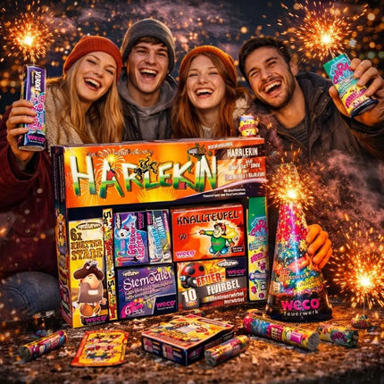 Silvester-Set für unvergessliche Neujahrsfeiern – mit Feuerwerksartikeln, Wunderkerzen und Knallerbsen - Set mit 150 Teilen (Harlekin)