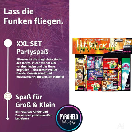 Silvester-Set für unvergessliche Neujahrsfeiern – mit Feuerwerksartikeln, Wunderkerzen und Knallerbsen - Set mit 150 Teilen (Harlekin)