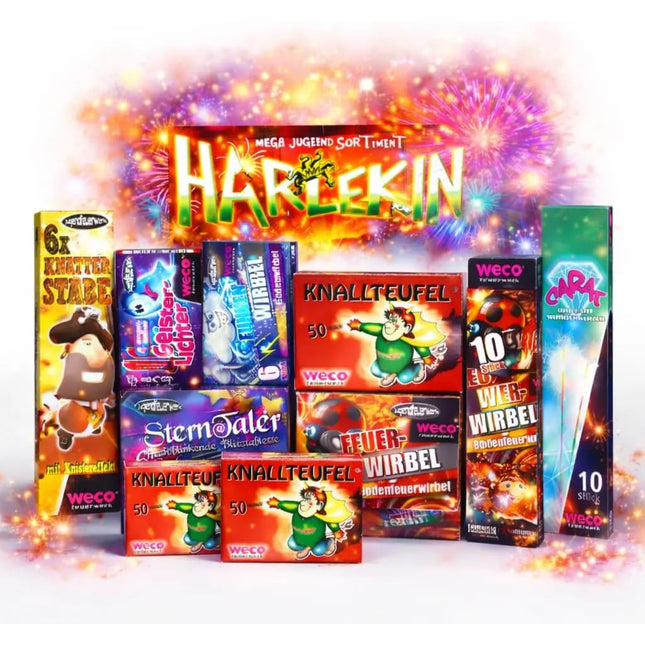 Silvester-Set für unvergessliche Neujahrsfeiern – mit Feuerwerksartikeln, Wunderkerzen und Knallerbsen - Set mit 150 Teilen (Harlekin)