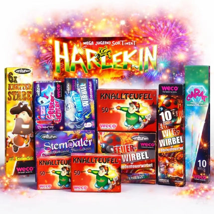 Silvester-Set für unvergessliche Neujahrsfeiern – mit Feuerwerksartikeln, Wunderkerzen und Knallerbsen - Set mit 150 Teilen (Harlekin)