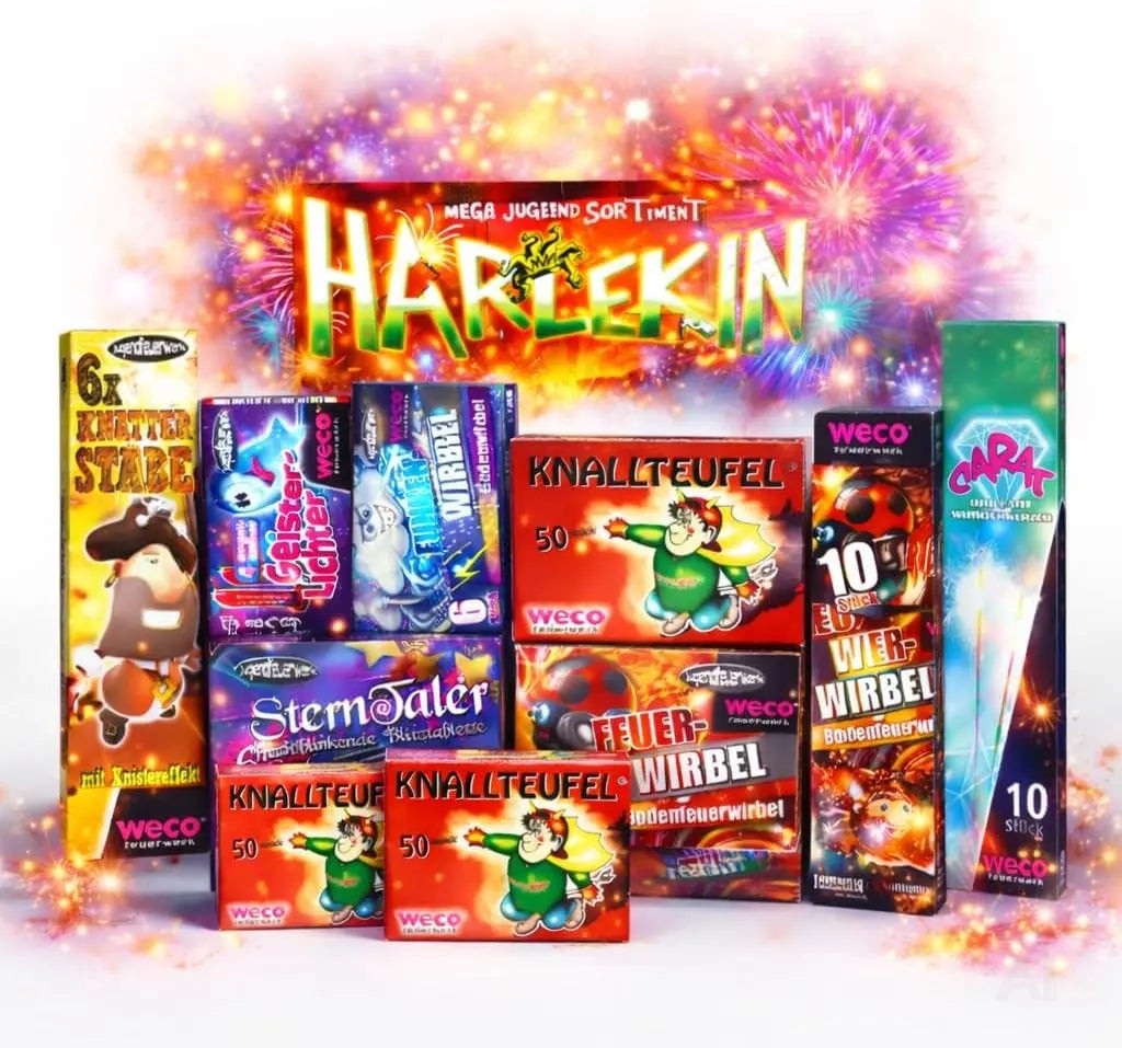 Silvester-Set für unvergessliche Neujahrsfeiern – mit Feuerwerksartikeln, Wunderkerzen und Knallerbsen - Set mit 150 Teilen (Harlekin)