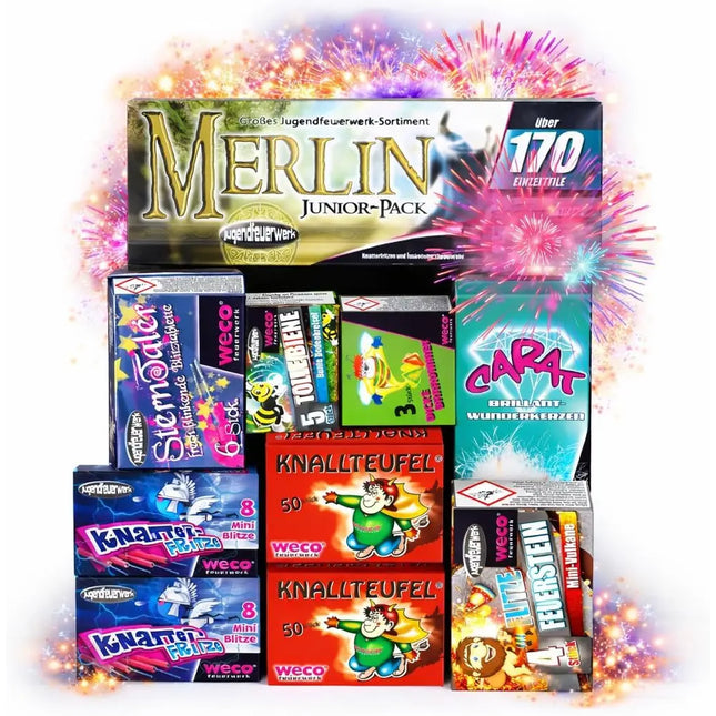Silvester- und Feuerwerk-Set 2026 – inklusive Wunderkerzen, Knallerbsen und Partyartikeln - Set mit 170 Teilen (Merlin)