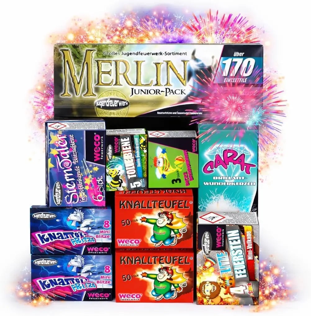 Silvester- und Feuerwerk-Set 2026 – inklusive Wunderkerzen, Knallerbsen und Partyartikeln - Set mit 170 Teilen (Merlin)