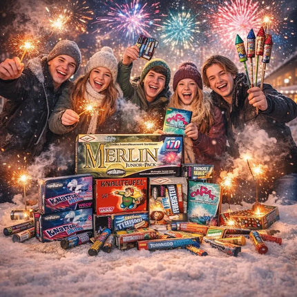 Silvester- und Feuerwerk-Set 2026 – inklusive Wunderkerzen, Knallerbsen und Partyartikeln - Set mit 170 Teilen (Merlin)