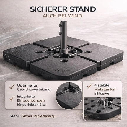 Sonnenschirmständer für Ampelschirme – Schirmgewichte für Bodenkreuz aus Kunststoff, stabiler Schirmständer für Garten & Terrasse (4-teilig bis 80 kg)