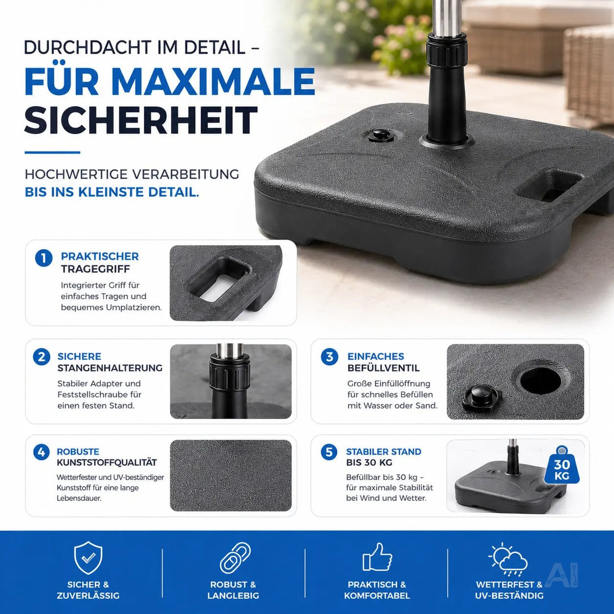 Sonnenschirmständer für Ampelschirme – Schirmgewichte für Bodenkreuz aus Kunststoff, stabiler – Detailansicht 2