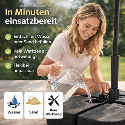 Sonnenschirmständer für Ampelschirme – Schirmgewichte zum Befüllen für Bodenkreuz aus Kunststoff & stabile Sonnenschirmständer (4-teilig bis 80 kg)
