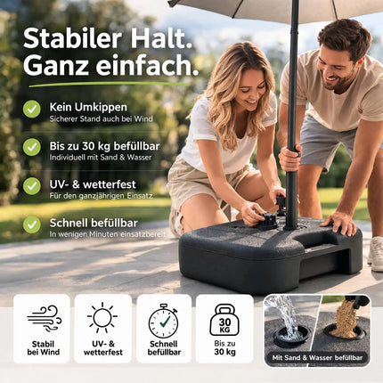 Sonnenschirmständer für Ampelschirme – Schirmgewichte zum Befüllen für Bodenkreuz aus Kunststoff & stabile Sonnenschirmständer (Einteilig bis 22 kg)