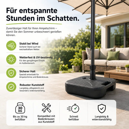 Sonnenschirmständer für Ampelschirme – Schirmgewichte zum Befüllen für Bodenkreuz aus Kunststoff & stabile Sonnenschirmständer (Einteilig bis 22 kg)