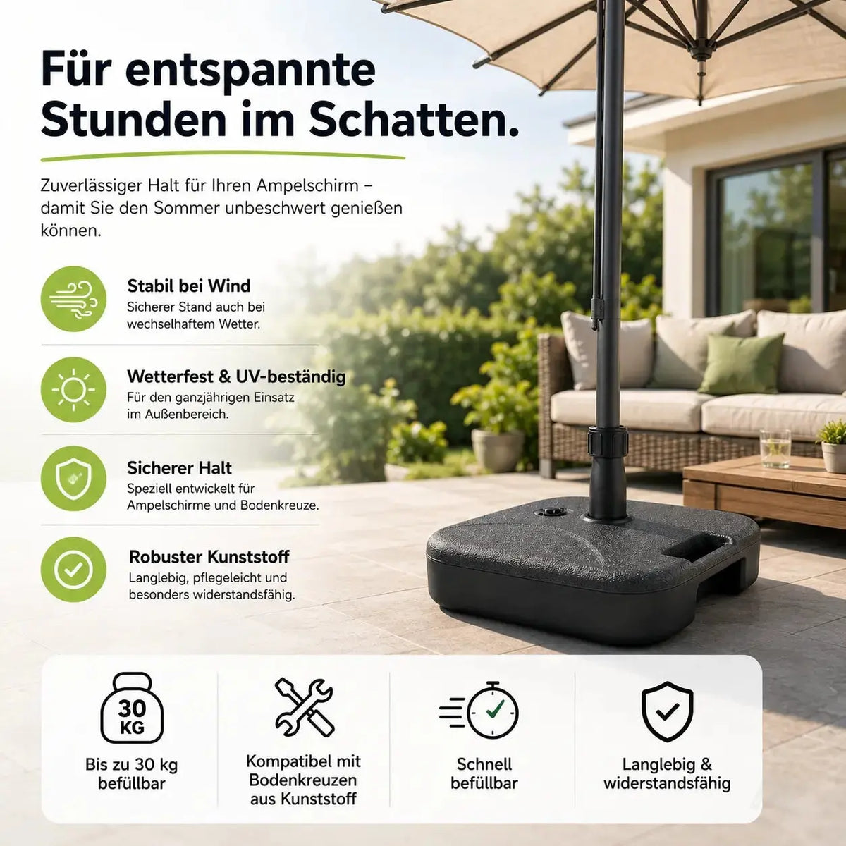 Sonnenschirmständer für Ampelschirme – Schirmgewichte zum Befüllen für Bodenkreuz aus Kunststoff – Detailansicht 6