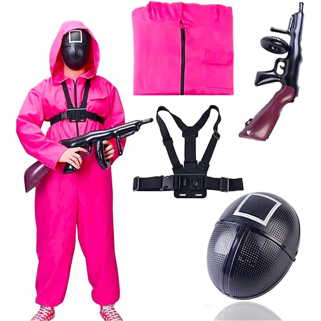 Squid Game Kostüm 4 in 1 - Set Kostüm mit Anzug & Gewehr & Maske - Erwachsene