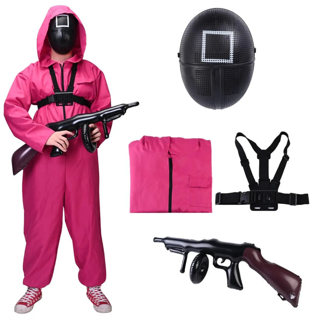 Squid Game Set - 4 in 1 - Fasching & Karneval & Halloween - für Erwachsene - Kostüm mit Anzug & Gewehr & Maske (160-190cm)