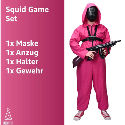 Squid Game Set - 4 in 1 - Fasching & Karneval & Halloween - für Erwachsene - Kostüm mit Anzug & Gewehr & Maske (160-190cm)