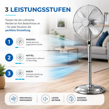 Standventilator aus Metall – Design Bodenventilator extra leise mit 3 Leistungsstufen – Windmaschine mit verstellbarem Neigungswinkel (Standventilator Ø 40 cm)