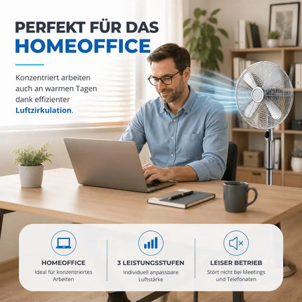 Standventilator aus Metall – Design Bodenventilator extra leise mit 3 Leistungsstufen – Windmaschine mit verstellbarem Neigungswinkel (Standventilator Ø 40 cm)