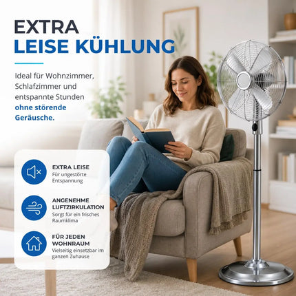 Standventilator aus Metall – Design Bodenventilator extra leise mit 3 Leistungsstufen – Windmaschine mit verstellbarem Neigungswinkel (Standventilator Ø 40 cm)