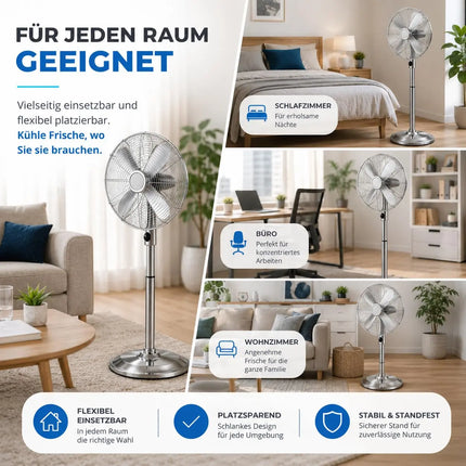 Standventilator aus Metall – Design Bodenventilator extra leise mit 3 Leistungsstufen – Windmaschine mit verstellbarem Neigungswinkel (Standventilator Ø 40 cm)