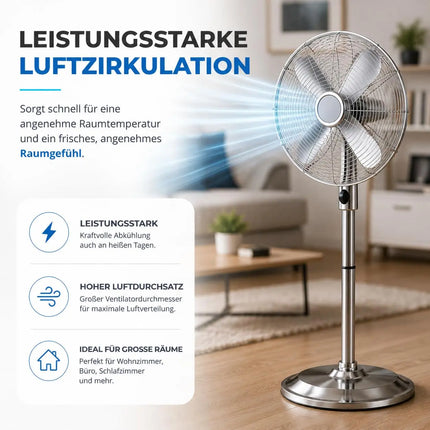 Standventilator aus Metall – Design Bodenventilator extra leise mit 3 Leistungsstufen – Windmaschine mit verstellbarem Neigungswinkel (Standventilator Ø 40 cm)