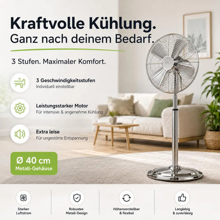 Standventilator extra leise aus Metall – Design Windmaschine mit 3 Leistungsstufen – Bodenventilator für starke Luftzirkulation (Standventilator Ø 40 cm)