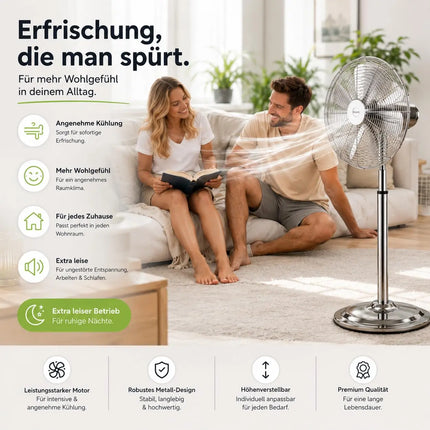 Standventilator extra leise aus Metall – Design Windmaschine mit 3 Leistungsstufen – Bodenventilator für starke Luftzirkulation (Standventilator Ø 40 cm)