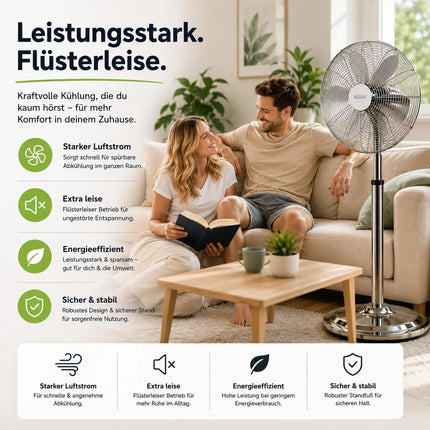 Standventilator extra leise aus Metall – Design Windmaschine mit 3 Leistungsstufen – Bodenventilator für starke Luftzirkulation (Standventilator Ø 40 cm)
