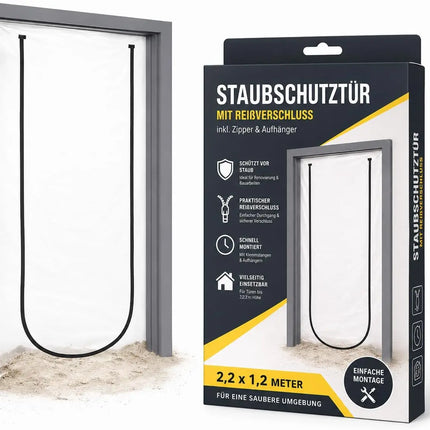 Staubschutz Folientür 110 x 220 cm – Extra starke Bautür mit Reißverschluss & Easy Comfort Aufhängesystem für Renovierung