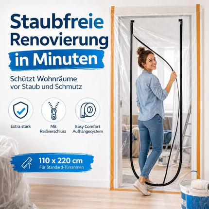 Staubschutz Folientür 110 x 220 cm – Extra starke Bautür mit Reißverschluss & Easy Comfort Aufhängesystem für Renovierung