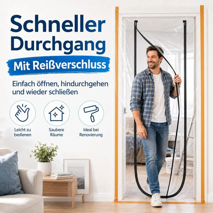 Staubschutz Folientür 110 x 220 cm – Extra starke Bautür mit Reißverschluss & Easy Comfort Aufhängesystem für Renovierung