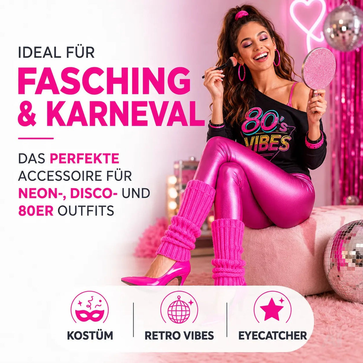 Strümpfe Neon - Stulpen neon pink - Accessoire Kostüm zu Retro neon 80er 90er Outfit Fasching – Detailansicht 6