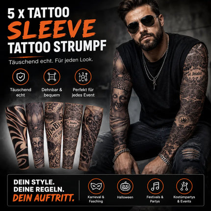 Tattoo Ärmel Tattoo Strumpf Sleeve aus Nylon – 5X täuschend echt Armstrumpf Herren für Fasching & Karnival & Halloween Rocker