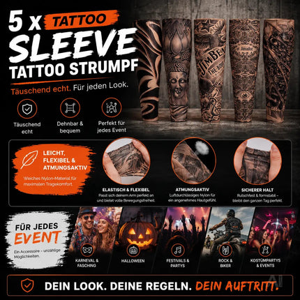 Tattoo Ärmel Tattoo Strumpf Sleeve aus Nylon – 5X täuschend echt Armstrumpf Herren für Fasching & Karnival & Halloween Rocker