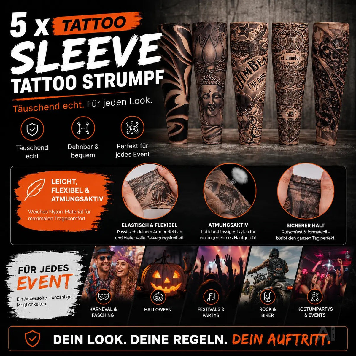 Tattoo Ärmel Tattoo Strumpf Sleeve aus Nylon – 5X täuschend echt Armstrumpf Herren für Fasching – Detailansicht 3