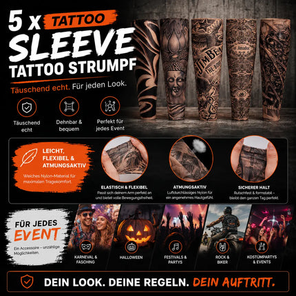 Tattoo Ärmel Tattoo Strumpf Sleeve aus Nylon – 5X täuschend echt Armstrumpf Herren für Fasching & Karnival & Halloween Rocker