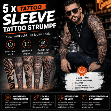 Tattoo Ärmel Tattoo Strumpf Sleeve aus Nylon – 5X täuschend echt Armstrumpf Herren für Fasching & Karnival & Halloween Rocker